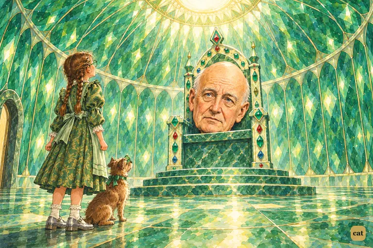 In the round emerald Throne Room, Dorothy stands tiny beside the little door while the enormous bald Head of Oz gazes from the green marble throne.