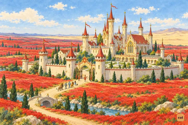 A tiny band of travelers reaches the gate of Glinda's castle among red fields