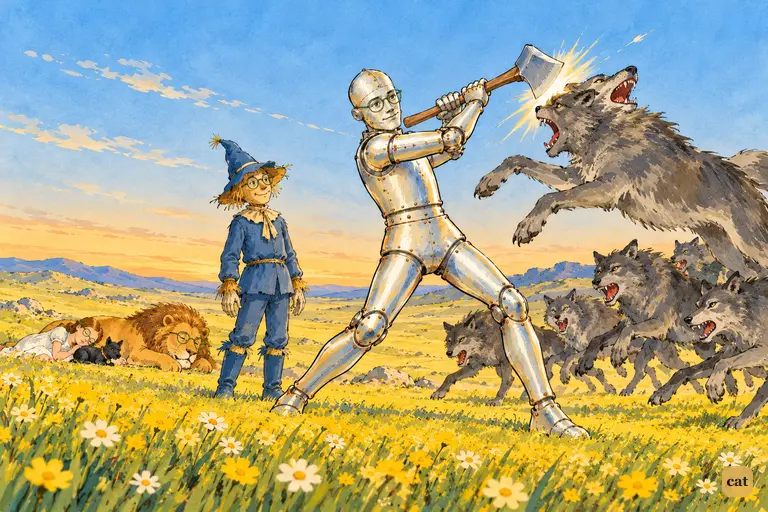 The Tin Woodman swings his axe at the leaping lead wolf as the pack presses in at dusk