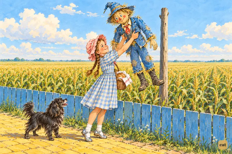 Standing on tiptoe in the cornfield, Dorothy lifts the light, straw-stuffed Scarecrow off his tall pole while Toto watches from the yellow road below.