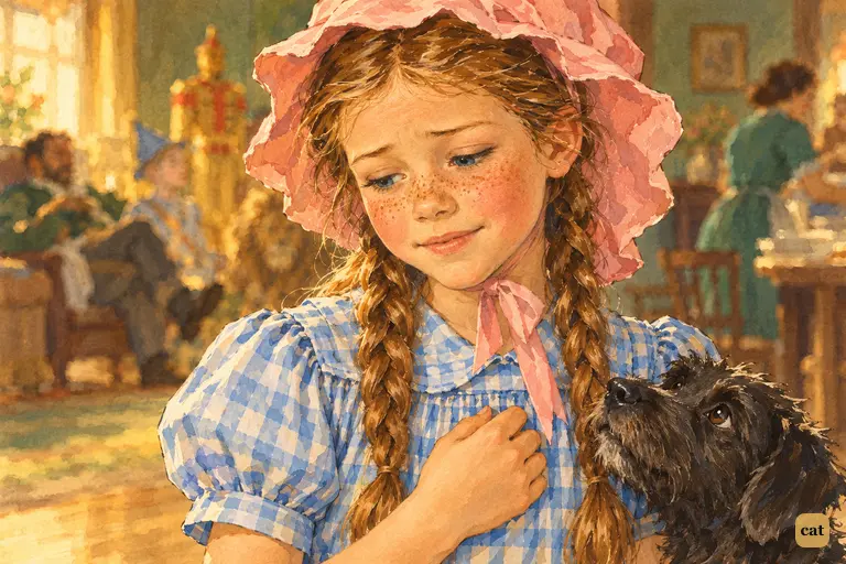 A tender close-up of Dorothy in the green farmhouse, eyes lowered as she admits she does not know where Kansas is, yet is sure it exists.