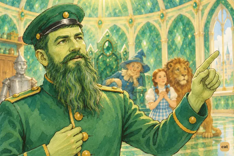 The green-whiskered soldier points south as he names the Witch of the South