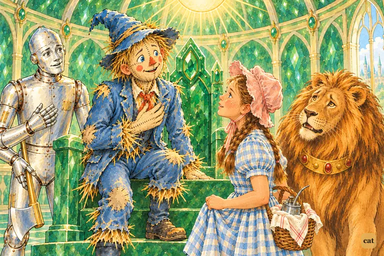 The newly crowned Scarecrow rises from the green marble throne and tells his friends he will never leave the girl who gave him his brains.