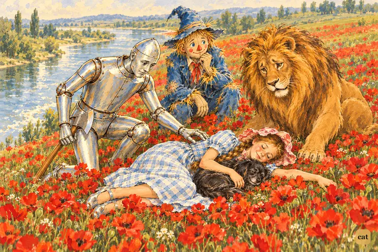From above, a little girl and her small dog lie sleeping in a sea of scarlet poppies while the tin man, the straw man and the drooping lion stand over them, worried.