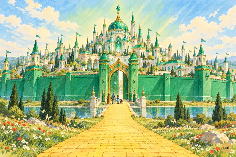 Tiny travelers gather at the Emerald City gate to say farewell in the morning light