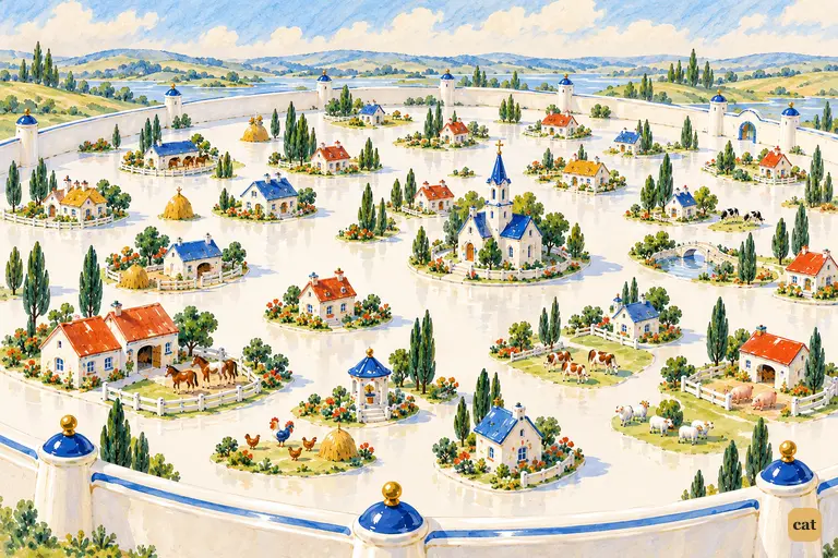 The Dainty China Country spreads out, dotted with tiny painted houses and animals