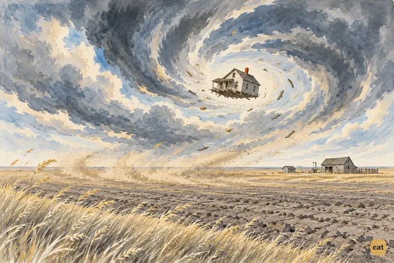 Beneath a vast spiral of dark cloud, the gray farmhouse lifts from the Kansas prairie