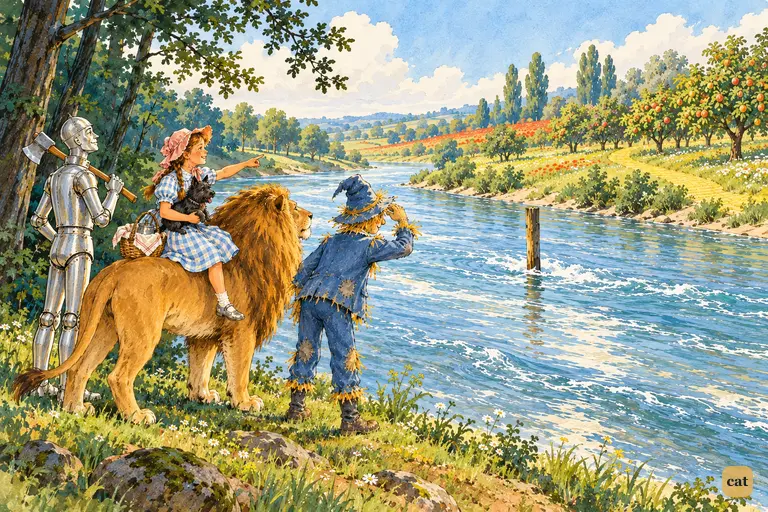 After the dark forest and the Kalidahs, Dorothy and her three companions reach a swift sunny river and see the flowering country and the yellow brick road on the far bank.