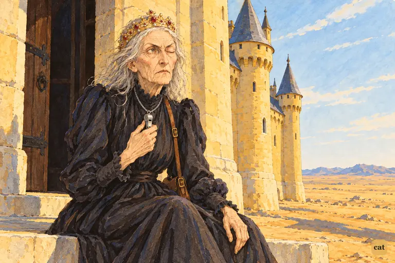 The one-eyed Witch watches the far plain from her doorstep, hand on her silver whistle