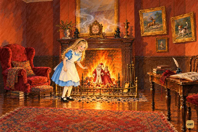 A small girl lands on the Looking-glass room hearth and leans toward the blazing fire