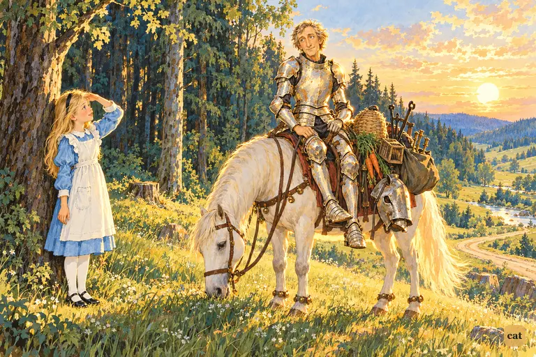 Leaning on a tree, a small girl shades her eyes as the White Knight glows in the low sun