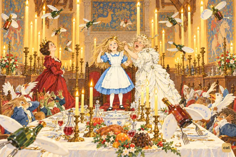The White Queen seizes Alice's hair as candles shoot up and bottles fly on plate wings