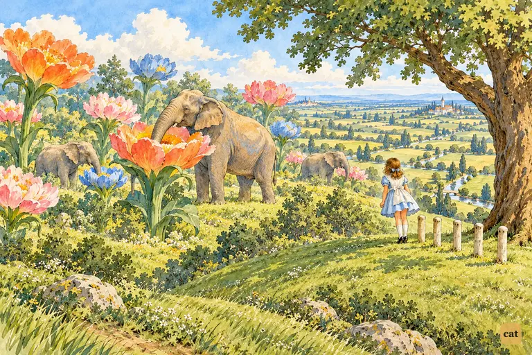 On tiptoe, a small girl watches an elephant sip from a cottage-sized flower like a bee
