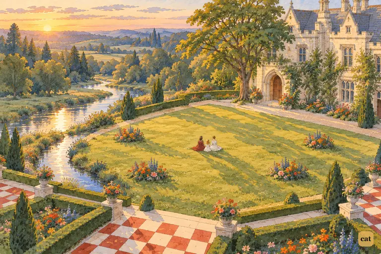 From far above, the small green lawn of the Eighth Square glows in the evening light