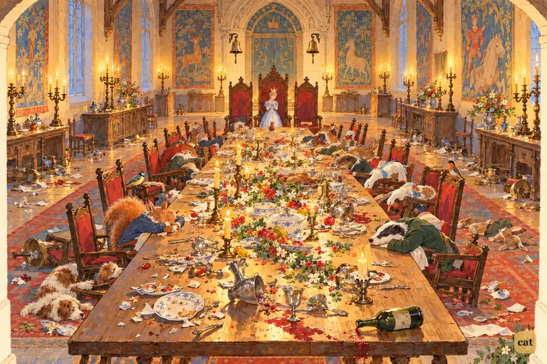 A tiny crowned figure stands alone at the head of the wrecked Queen Alice feast table