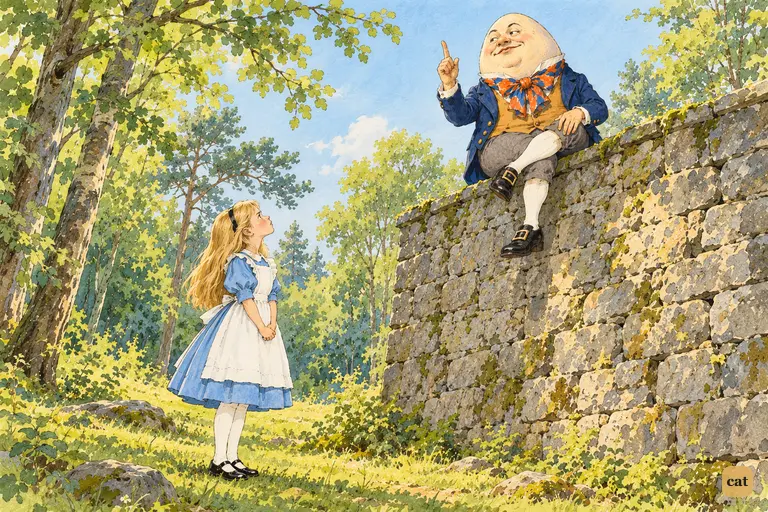 On his narrow wall, Humpty Dumpty declares the question is who is master of words