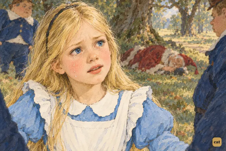 Held between the twins by the sleeping Red King, Alice protests she is real, in tears