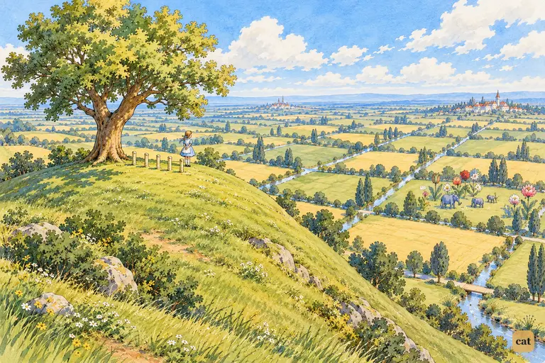 From above, the little hill with its single tree rises over a vast chessboard country