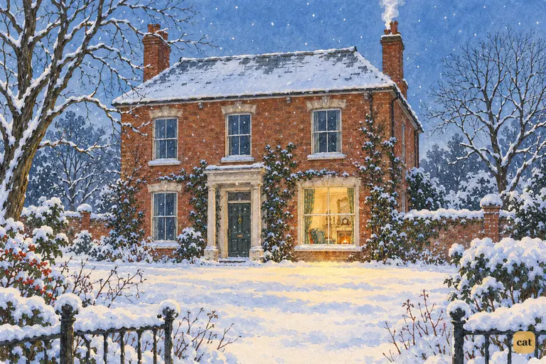 A warm window glows in the Victorian house on a quiet snowy evening