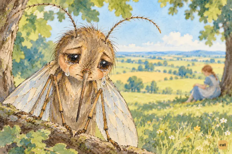 The Gnat sighs on its twig as two large tears roll down its cheeks after its failed joke