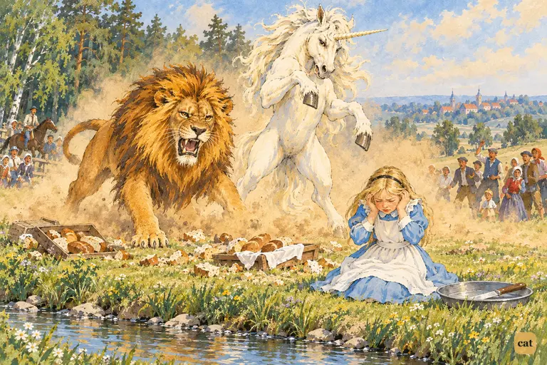 Alice kneels on the grass with her hands pressed over her ears as the drums roar.