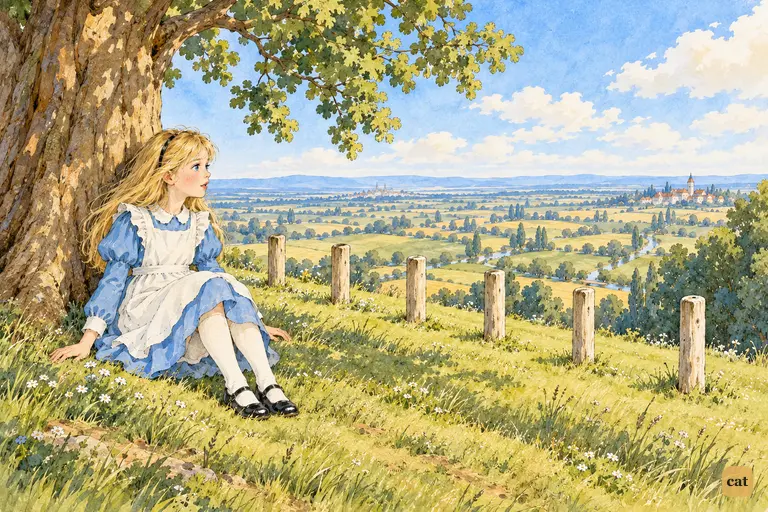 Alone by the hilltop tree, Alice gazes at the last peg where the Red Queen vanished