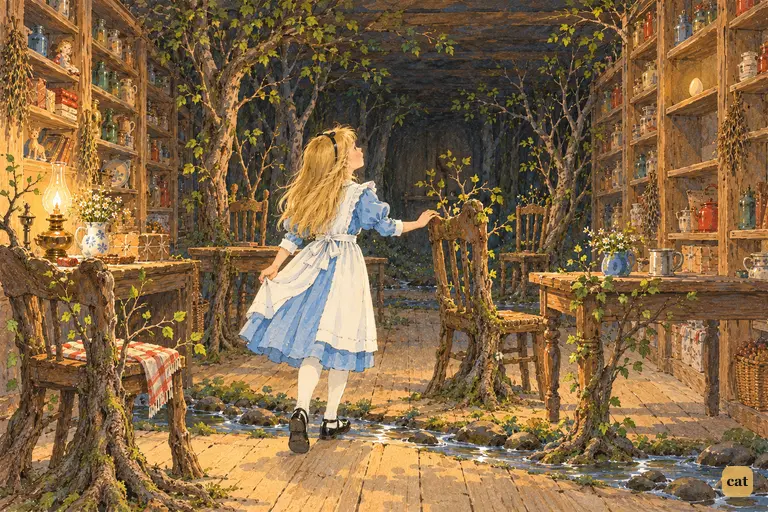 In the shop, a small girl tiptoes past a brook as tables and chairs turn into trees