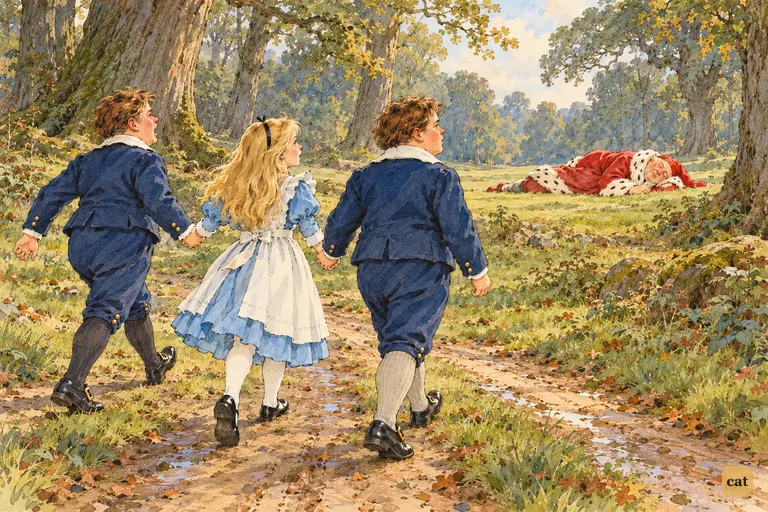 The two brothers lead a small girl by both hands toward the sleeping Red King