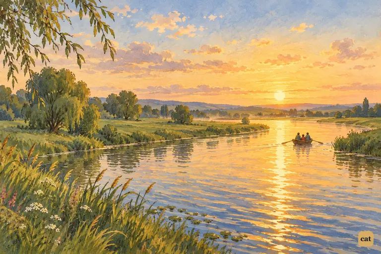 A winding golden stream at low July sun, with a tiny boat dissolving into the glow.