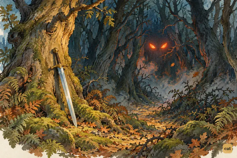 In the dark Tulgey Wood, the vorpal sword leans on the Tumtum tree as eyes of flame glow