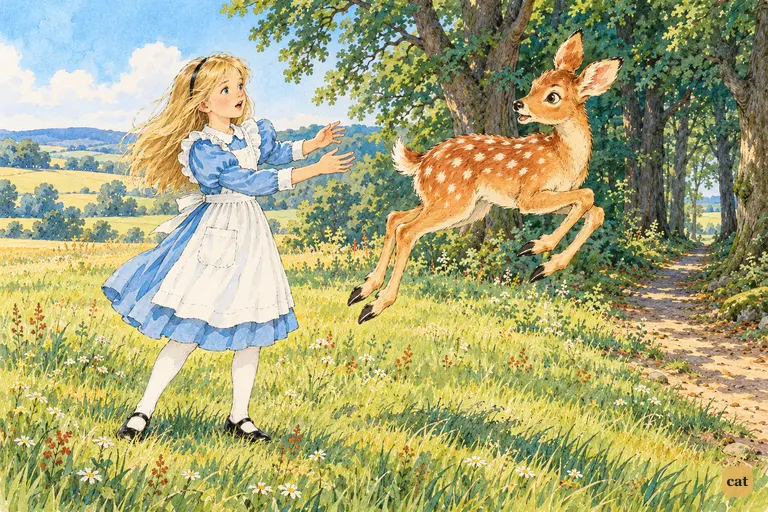 The Fawn leaps away crying that she is a human child, leaving Alice with open arms