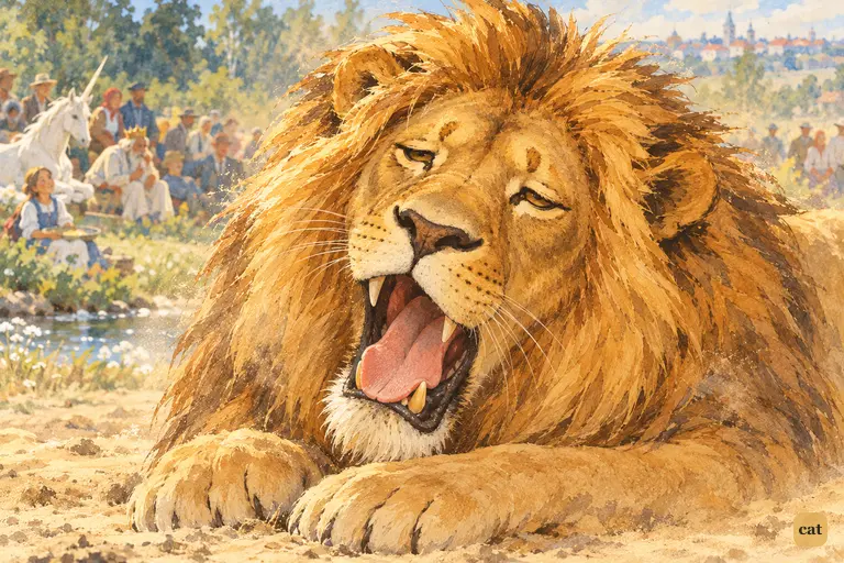 A huge, dusty lion yawns mid-riddle, his eyes drifting toward the child by the brook
