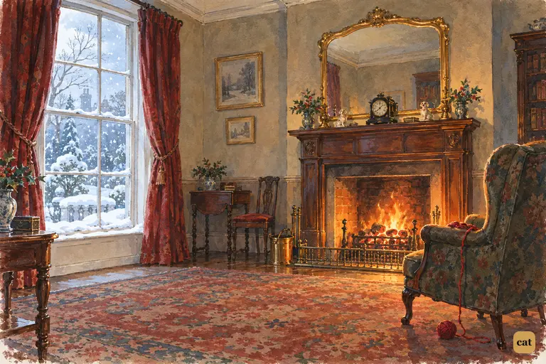 The drawing room on a snowy afternoon: firelight, falling snow, an empty armchair