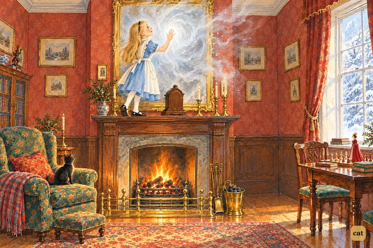 Alice, on the chimney-piece, reaches toward the Looking-glass as it dissolves into mist