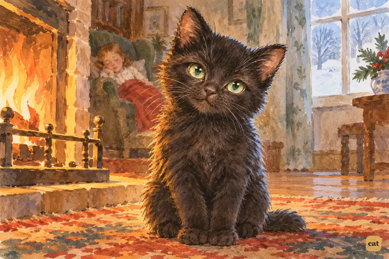 The black kitten sits upright on the hearth rug as the drowsy girl dozes behind her