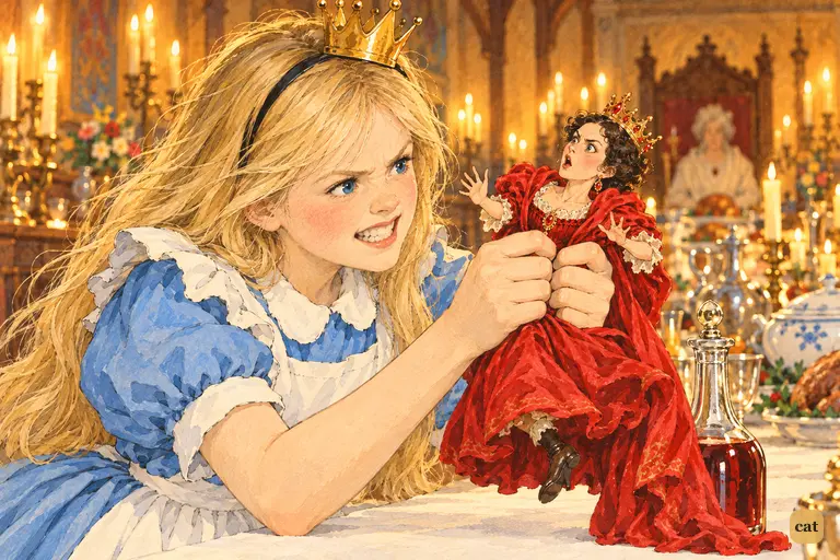 Crowned Alice grips the doll-sized Red Queen and threatens to shake her into a kitten