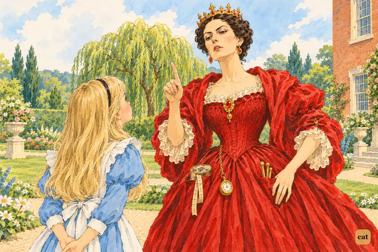 The towering Red Queen lectures a small, stiff Alice on the gravel walk, finger raised