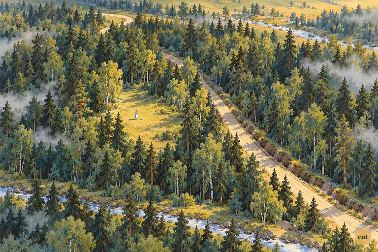 From above, tiny Alice stands in the Seventh Square forest before the Knights arrive