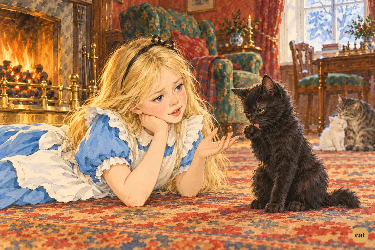 Alice, propped on one elbow on the hearth-rug, questions Kitty, who licks her paw