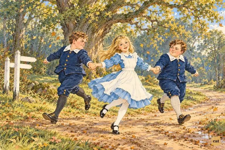 Alice whirls in a ring with the twins beneath a tree whose branches play like fiddles