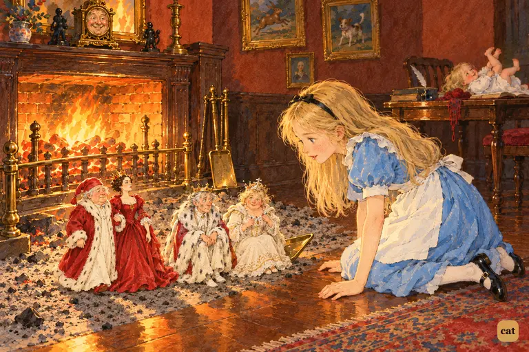 Huge Alice kneels over the hearth, watching two tiny royal chess pairs among the cinders