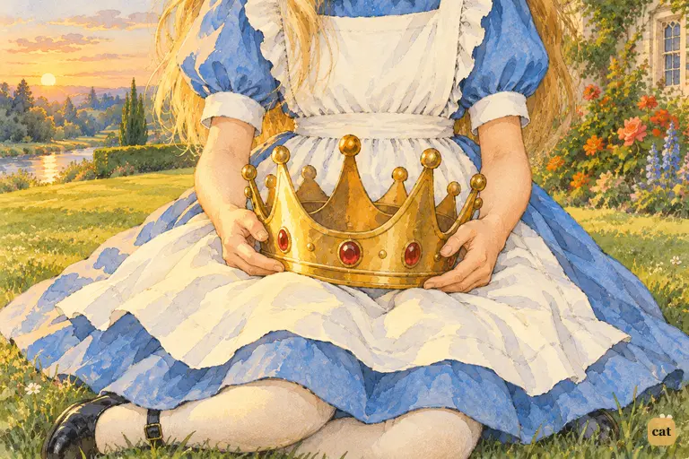 A golden crown rests in Alice's lap, held lightly in her small hands on the evening lawn