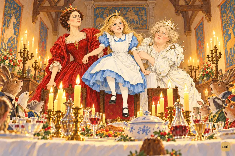 Starting her speech, the crowned girl is shoved into the air by the two Queens