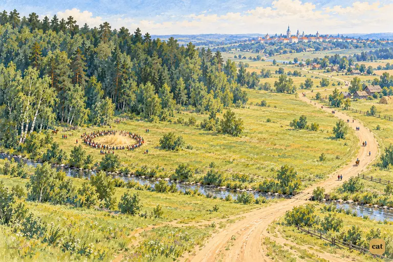 A bird's-eye view of the dark wood, meadow, silver brook and road to the distant town