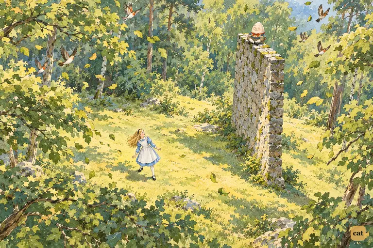 From high above, a tiny girl in pale blue stops mid-step as the whole forest trembles