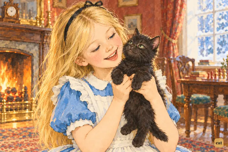 Laughing, Alice kneels on the hearth-rug and kisses the stiff little black kitten