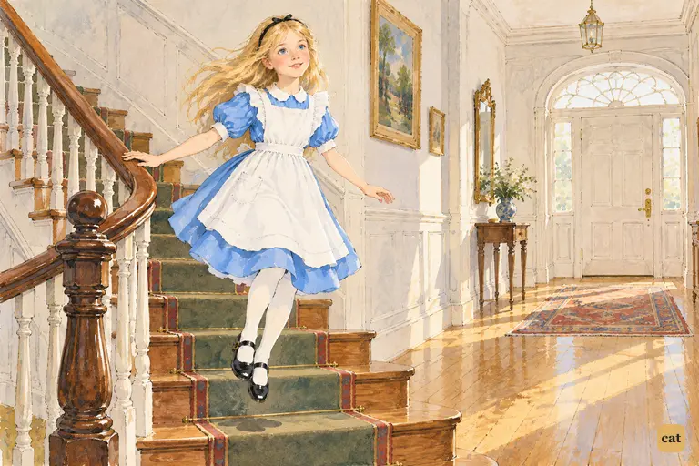 Alice glides down the Looking-glass House stairs, fingertips resting on the hand-rail