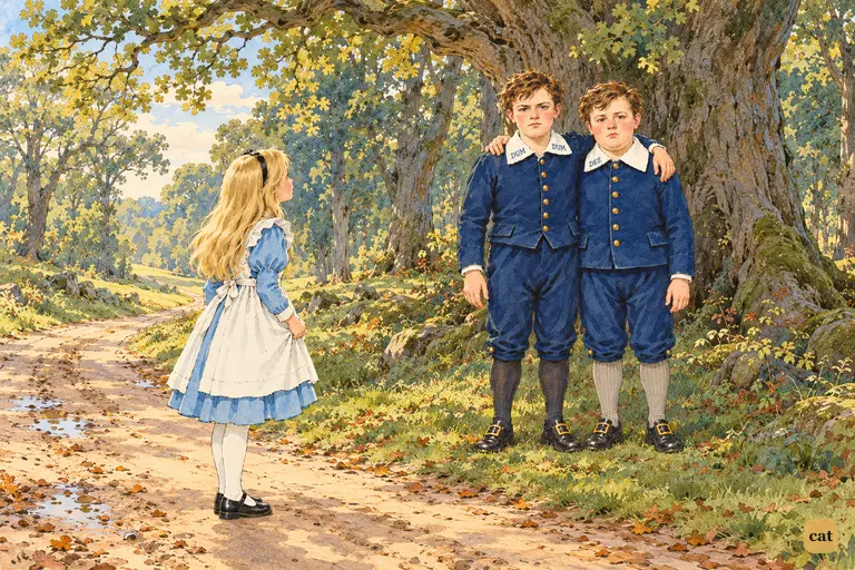 On the dirt road, Alice reads the collars of two identical round little men under a tree