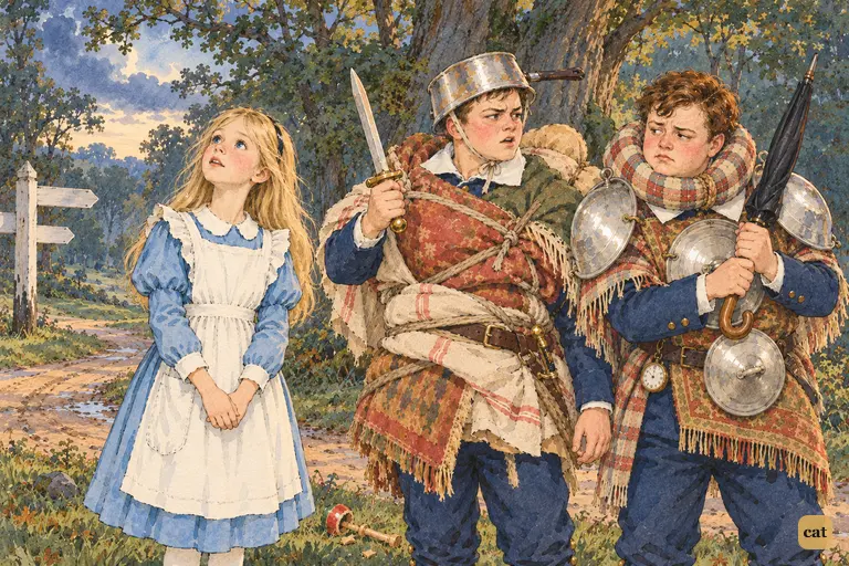 At dusk, a small girl watches for the crow as two brothers ready a sword and umbrella