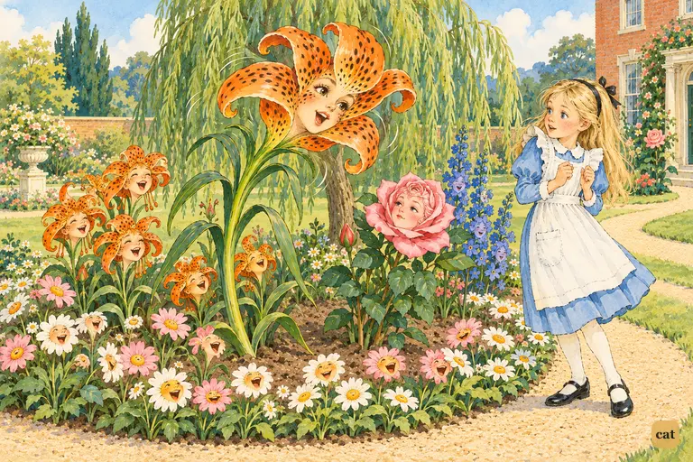 The daisies shout in shrill chorus as the furious Tiger-lily hushes them before Alice